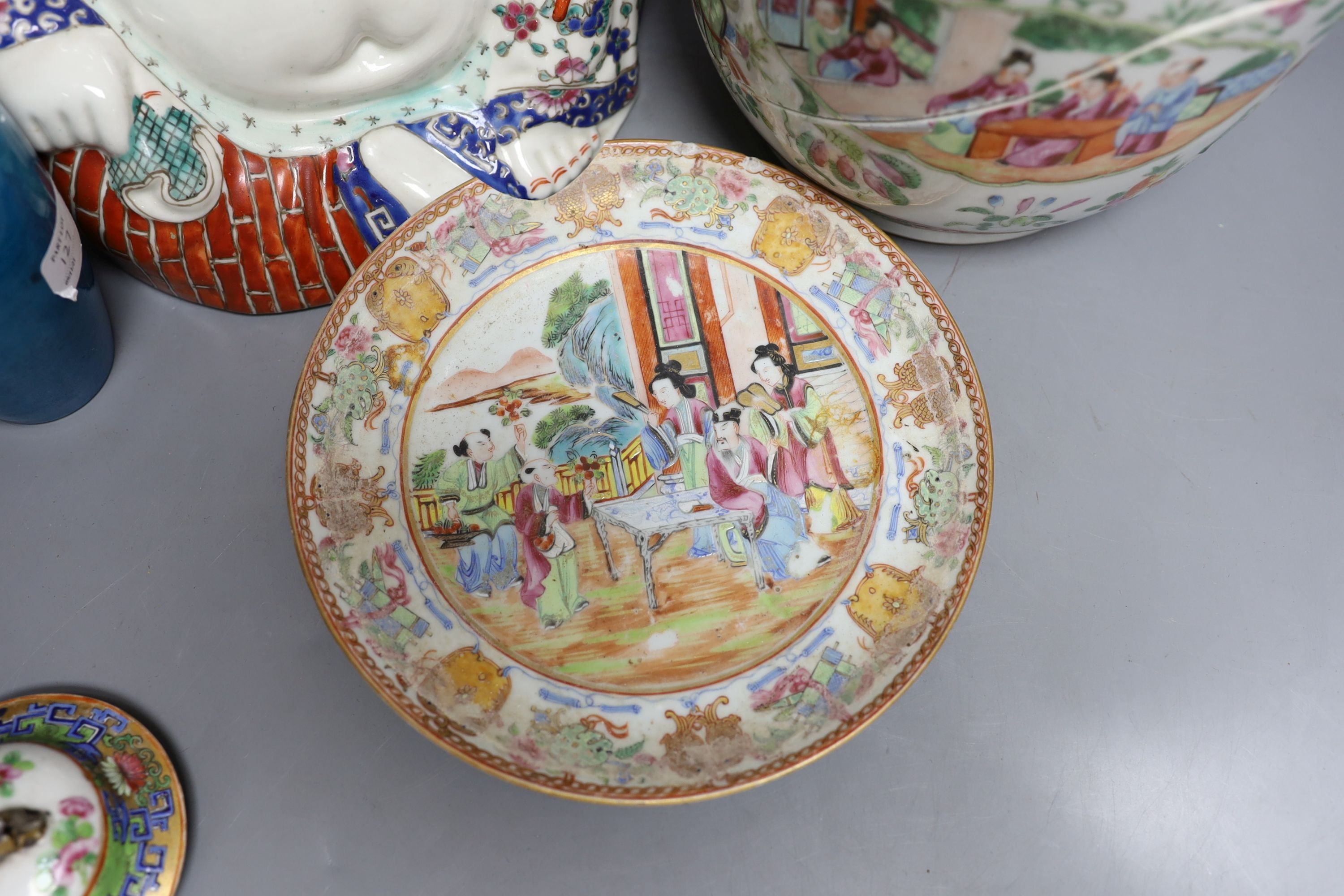 A Chinese famille rose vase, a figure of Budai, a turquoise glaze vase etc, vase 45 cms high.